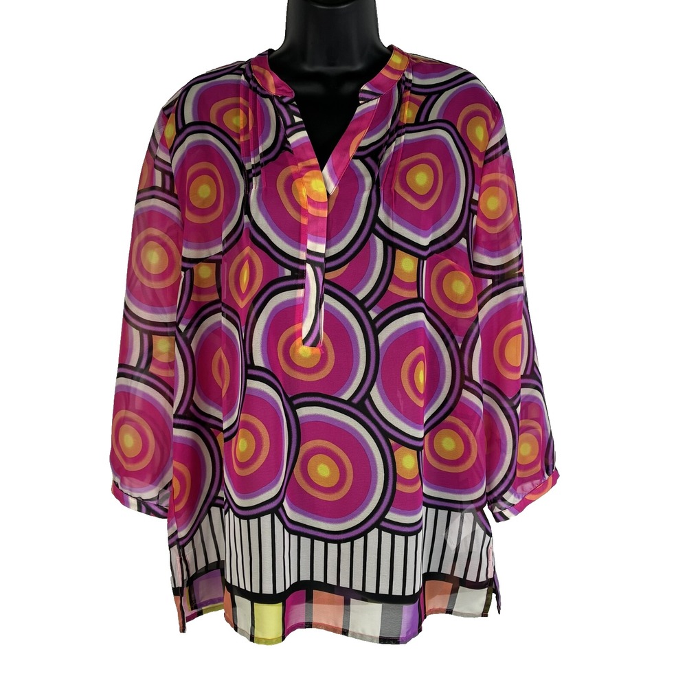 Tribal Womens Tunic Blouse Lg Multi Geometric Abstract Print Long Sleeve‎ Sheer